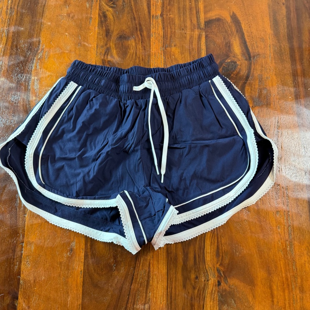 Kimberly C Navy Blue Lace Trim Athletic Dolphin Shorts Small Drawstring Sporty